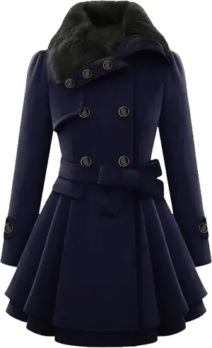 WIWIQS Womens Double Breasted Outwear Coat Lapel Long Winter Peacoats Fashion Warm Trench Coat with Belt