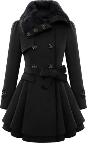 WIWIQS Womens Double Breasted Outwear Coat Lapel Long Winter Peacoats Fashion Warm Trench Coat with Belt