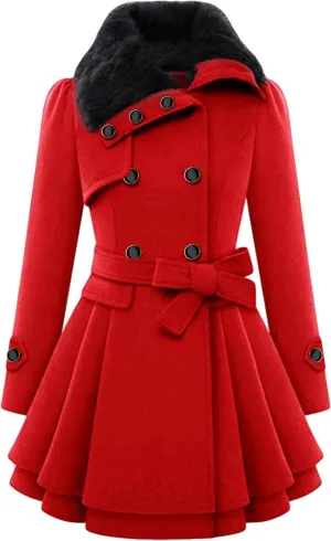WIWIQS Womens Double Breasted Outwear Coat Lapel Long Winter Peacoats Fashion Warm Trench Coat with Belt