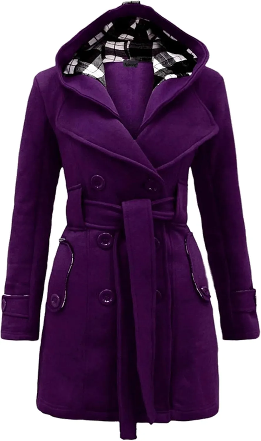 WIWIQS Women's Hooded Double-Breasted Thick Wool Blend Trench Coat Jacket Winter Mid-Long Pea Coat with Belt