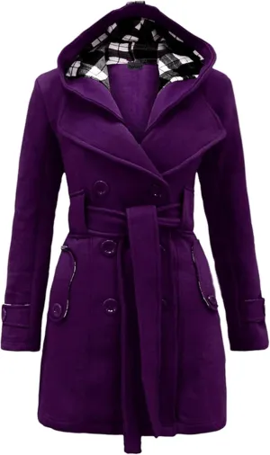 WIWIQS Women's Hooded Double-Breasted Thick Wool Blend Trench Coat Jacket Winter Mid-Long Pea Coat with Belt