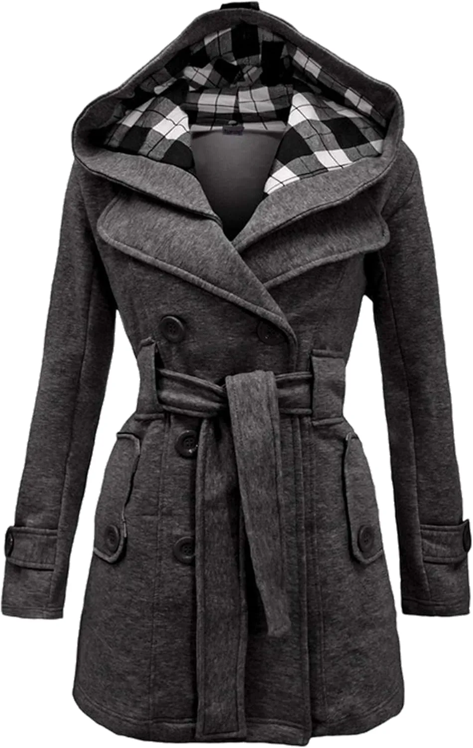 WIWIQS Women's Hooded Double-Breasted Thick Wool Blend Trench Coat Jacket Winter Mid-Long Pea Coat with Belt
