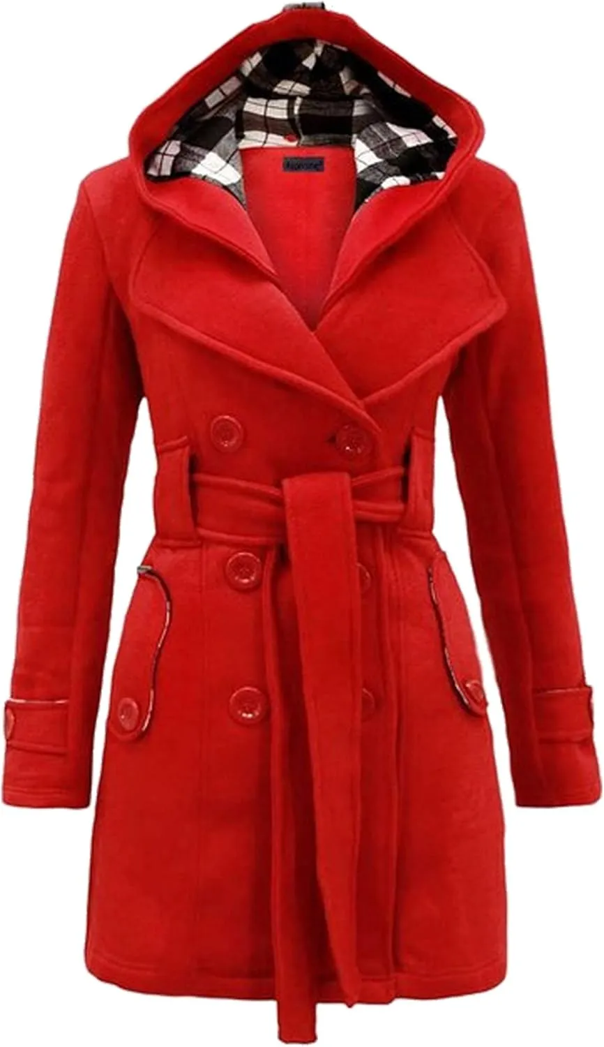 WIWIQS Women's Hooded Double-Breasted Thick Wool Blend Trench Coat Jacket Winter Mid-Long Pea Coat with Belt