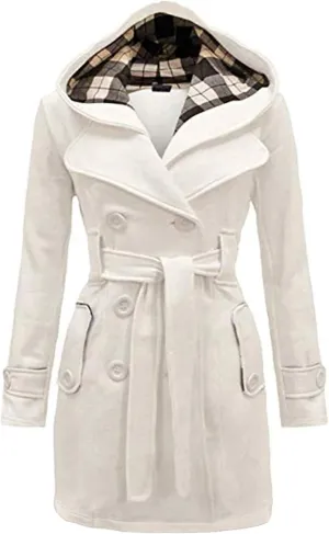 WIWIQS Women's Hooded Double-Breasted Thick Wool Blend Trench Coat Jacket Winter Mid-Long Pea Coat with Belt