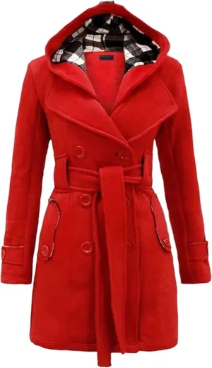 WIWIQS Women's Hooded Double-Breasted Thick Wool Blend Trench Coat Jacket Winter Mid-Long Pea Coat with Belt