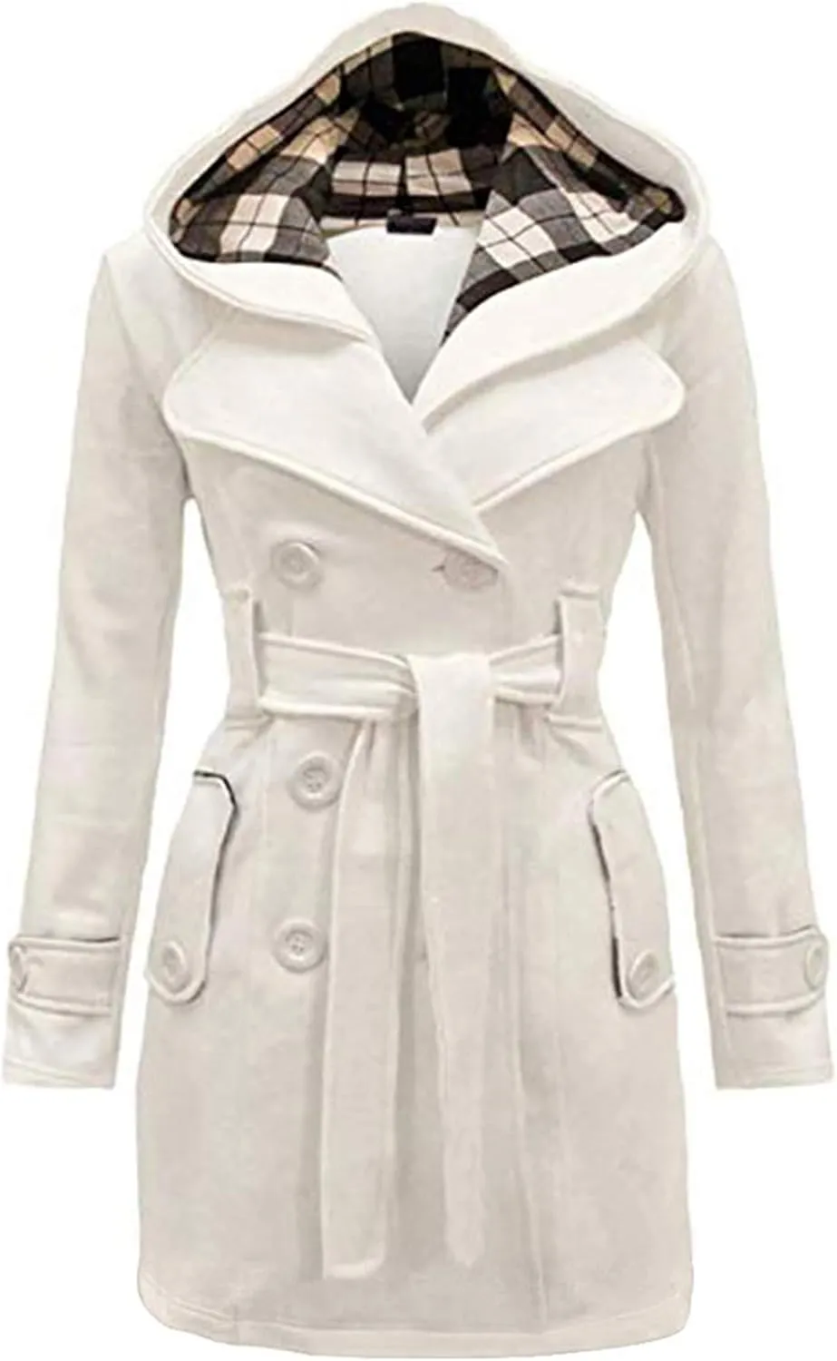 WIWIQS Women's Hooded Double-Breasted Thick Wool Blend Trench Coat Jacket Winter Mid-Long Pea Coat with Belt
