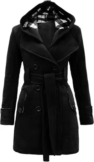 WIWIQS Women's Hooded Double-Breasted Thick Wool Blend Trench Coat Jacket Winter Mid-Long Pea Coat with Belt