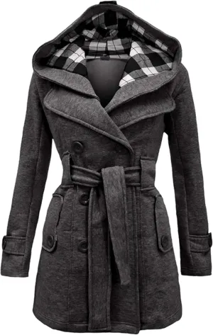 WIWIQS Women's Hooded Double-Breasted Thick Wool Blend Trench Coat Jacket Winter Mid-Long Pea Coat with Belt