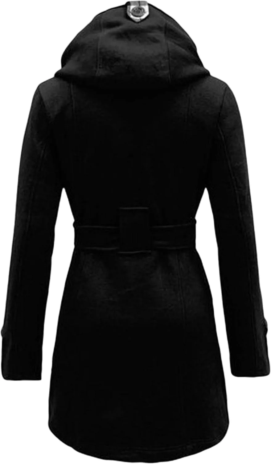 WIWIQS Women's Hooded Double-Breasted Thick Wool Blend Trench Coat Jacket Winter Mid-Long Pea Coat with Belt