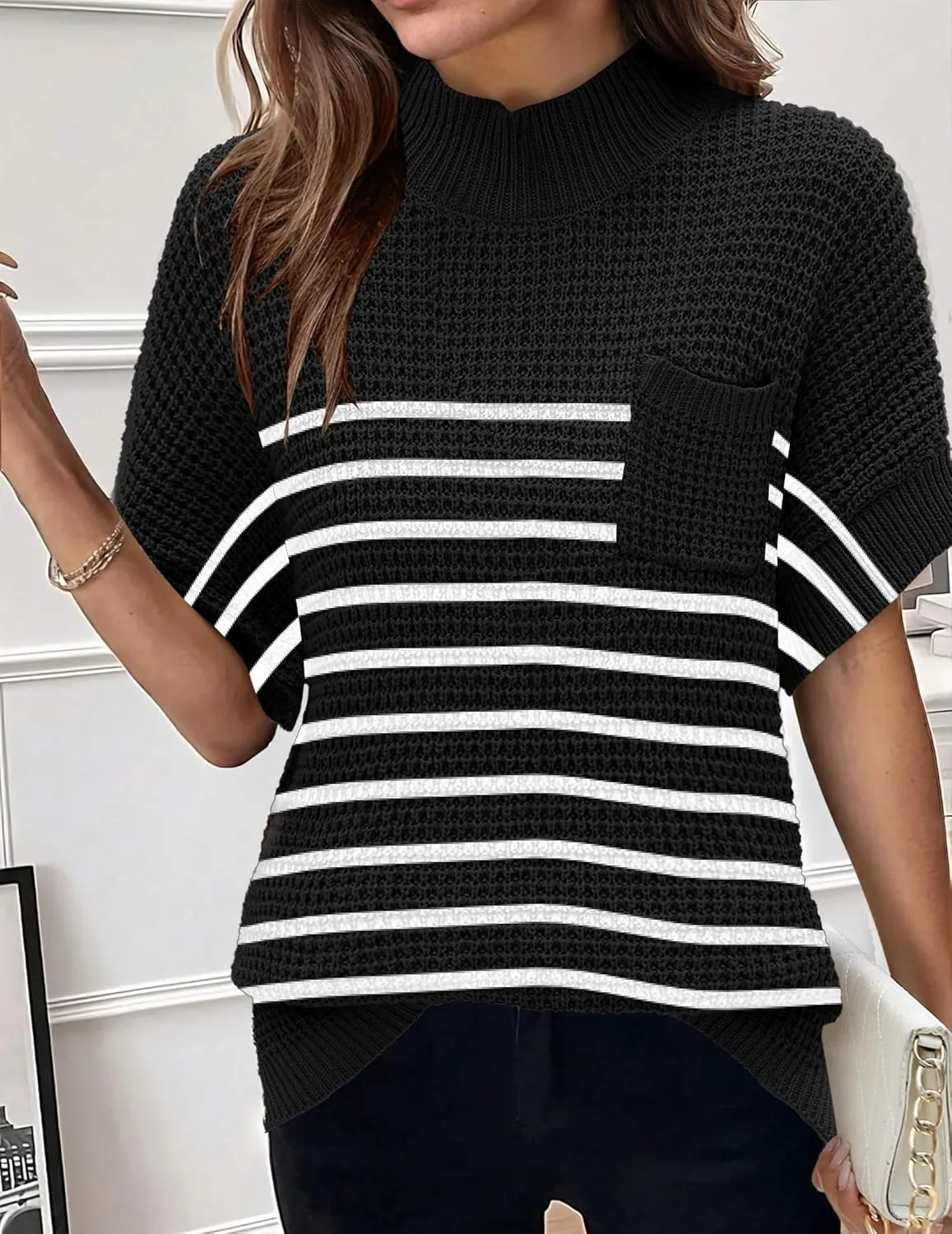 Women 2024 Sweater Vest Mock Neck Batwing Short Sleeve Oversized Ribbed Knit Tops Fall Pullover Sweater S-XXL