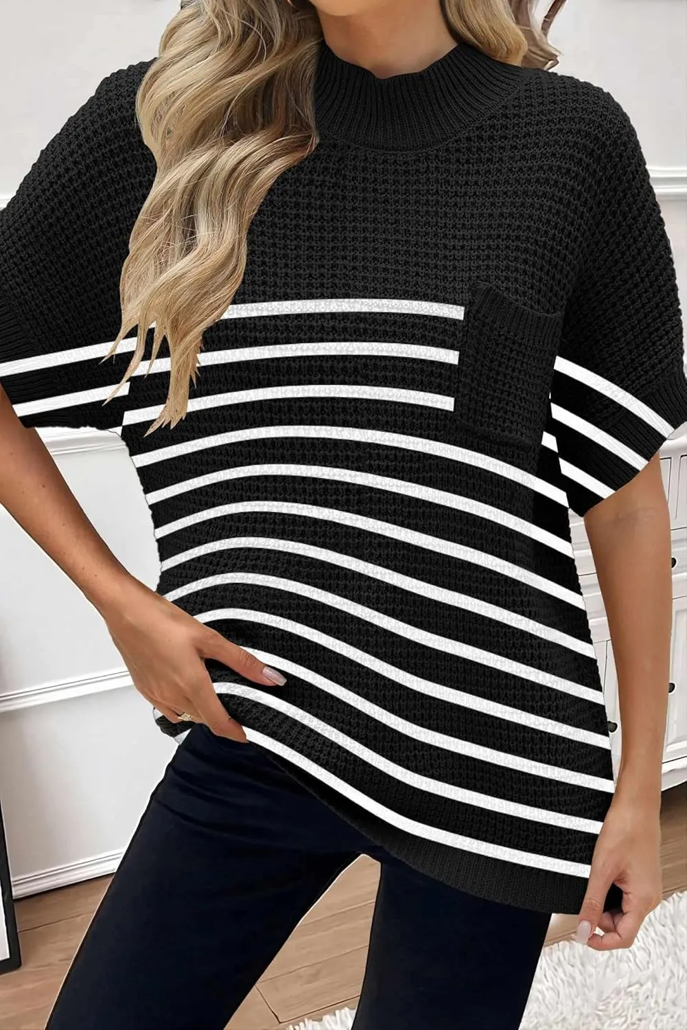 Women 2024 Sweater Vest Mock Neck Batwing Short Sleeve Oversized Ribbed Knit Tops Fall Pullover Sweater S-XXL