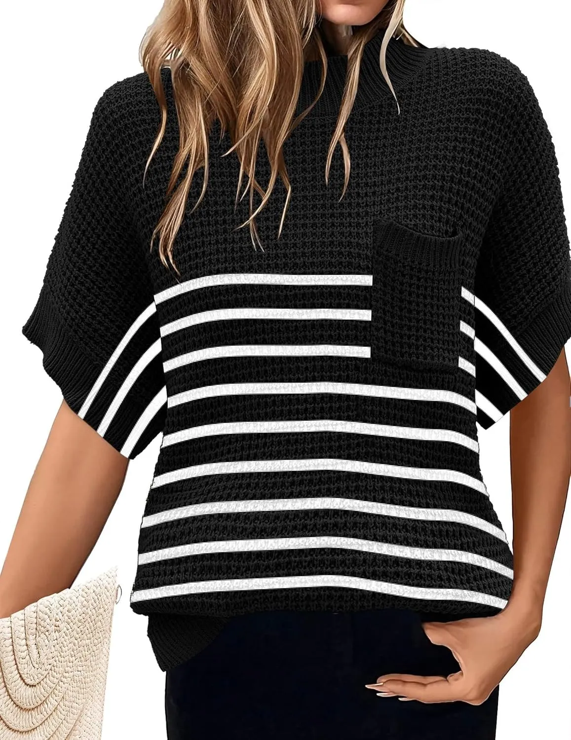Women 2024 Sweater Vest Mock Neck Batwing Short Sleeve Oversized Ribbed Knit Tops Fall Pullover Sweater S-XXL