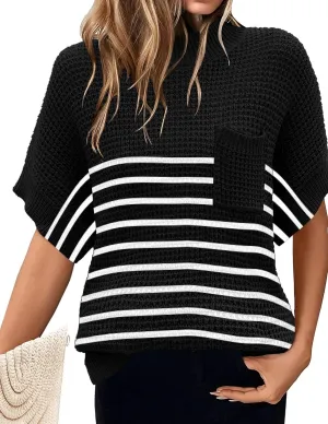 Women 2024 Sweater Vest Mock Neck Batwing Short Sleeve Oversized Ribbed Knit Tops Fall Pullover Sweater S-XXL