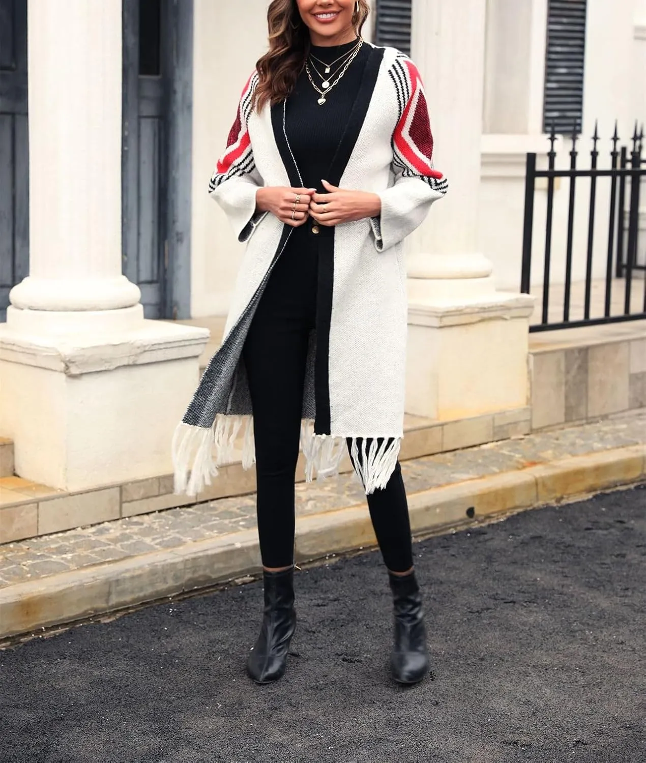 Women Boho Cardigan Sweater Long Open Front Western Aztec Tribal Tassel Fringe Knit Sweaters Vintage Hippie Clothes