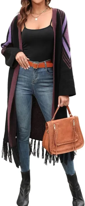 Women Boho Cardigan Sweater Long Open Front Western Aztec Tribal Tassel Fringe Knit Sweaters Vintage Hippie Clothes
