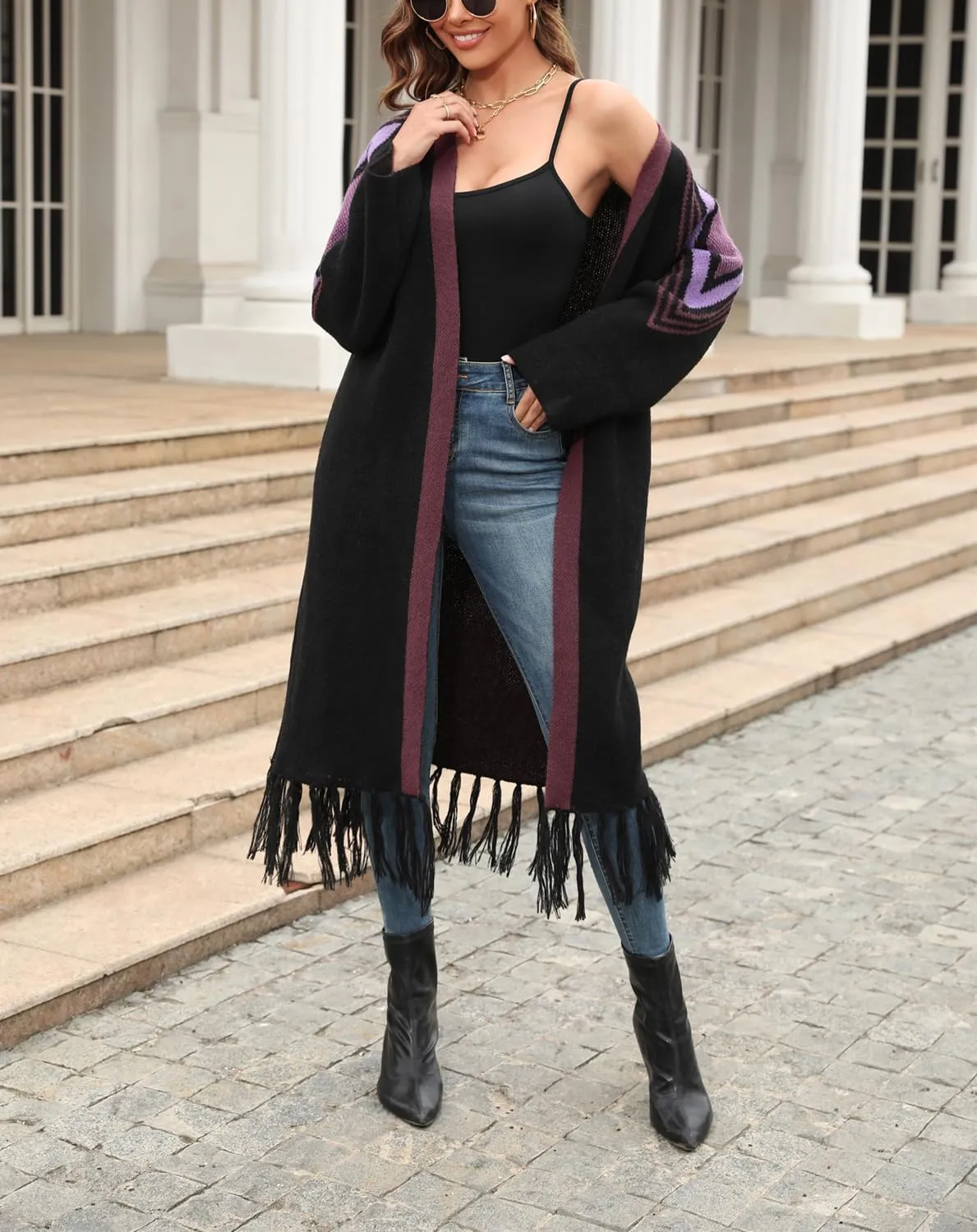 Women Boho Cardigan Sweater Long Open Front Western Aztec Tribal Tassel Fringe Knit Sweaters Vintage Hippie Clothes