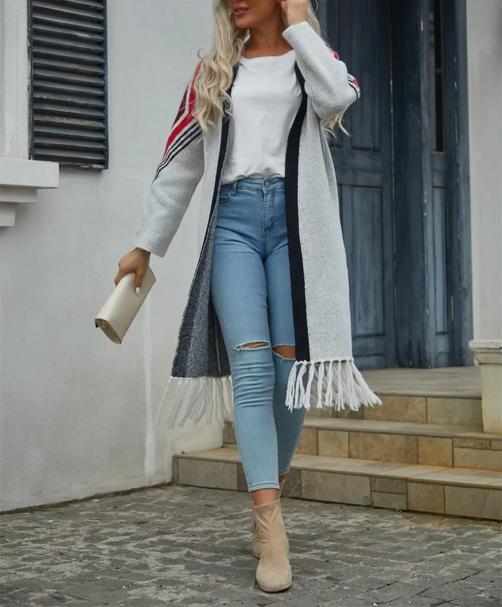 Women Boho Cardigan Sweater Long Open Front Western Aztec Tribal Tassel Fringe Knit Sweaters Vintage Hippie Clothes