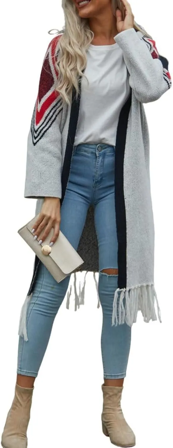 Women Boho Cardigan Sweater Long Open Front Western Aztec Tribal Tassel Fringe Knit Sweaters Vintage Hippie Clothes