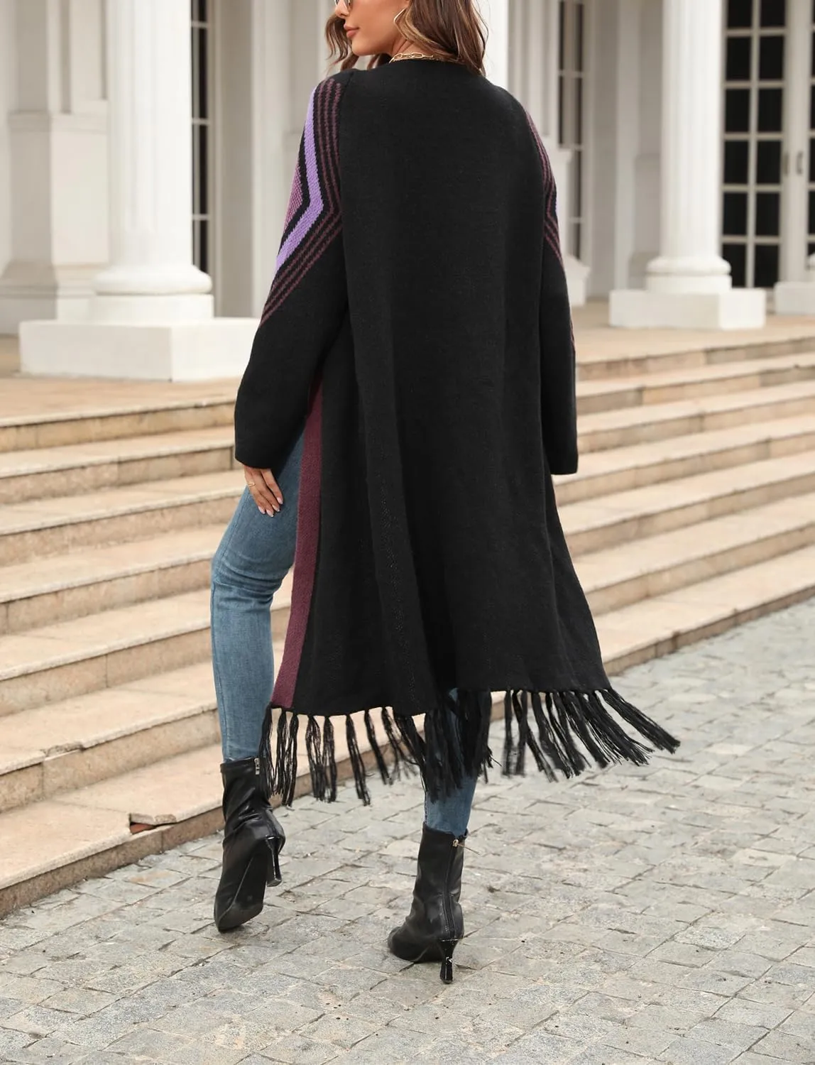 Women Boho Cardigan Sweater Long Open Front Western Aztec Tribal Tassel Fringe Knit Sweaters Vintage Hippie Clothes