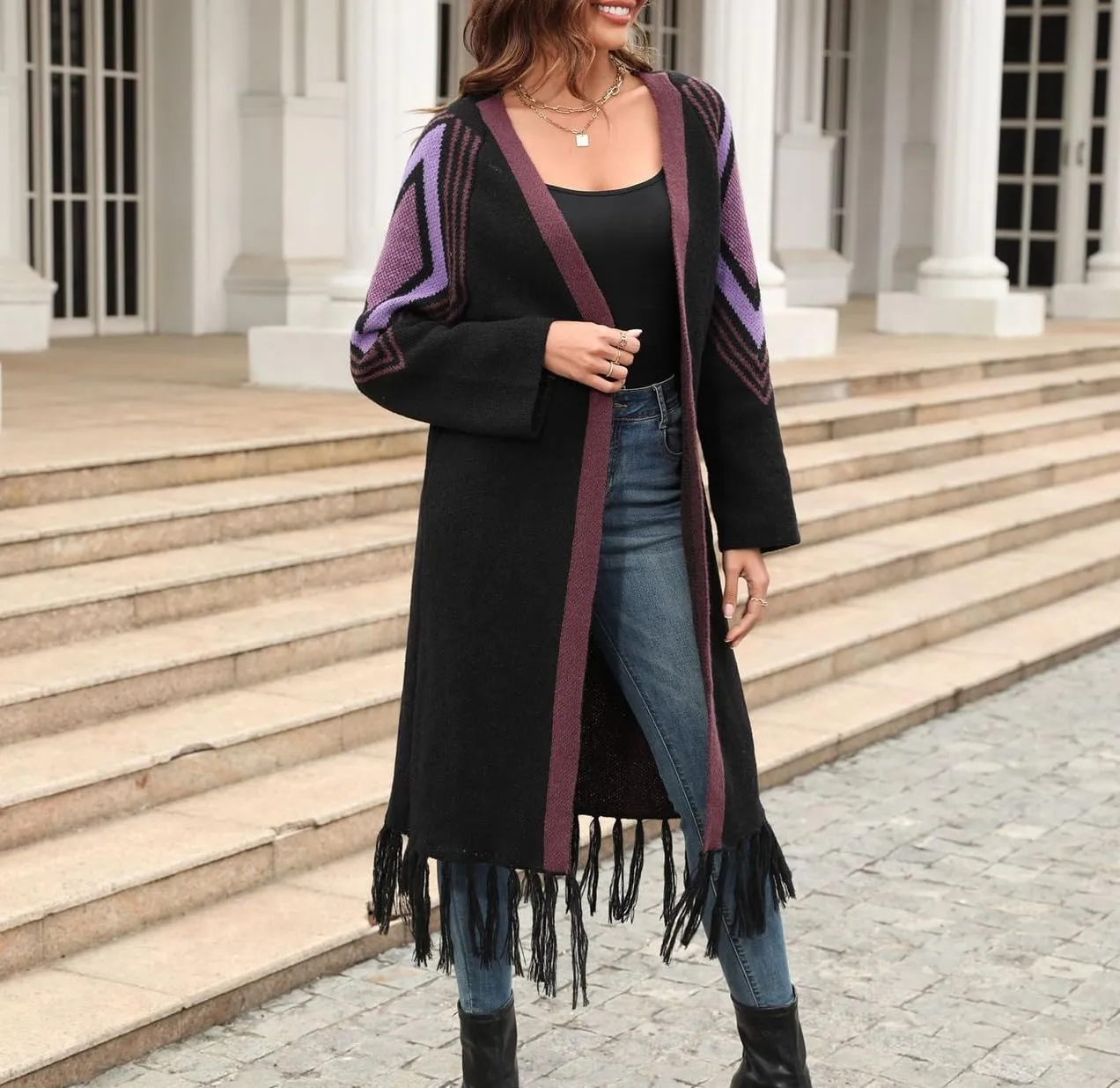 Women Boho Cardigan Sweater Long Open Front Western Aztec Tribal Tassel Fringe Knit Sweaters Vintage Hippie Clothes