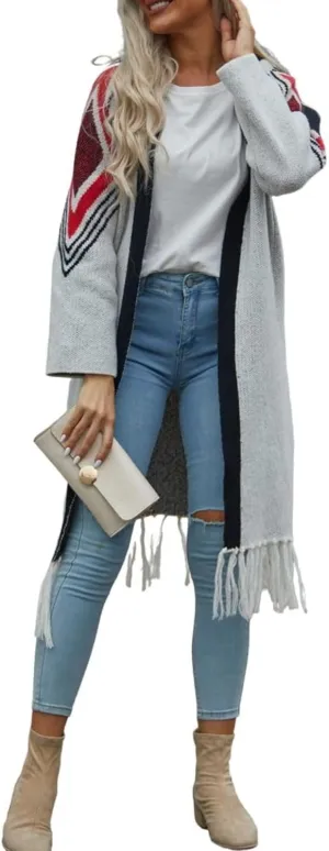 Women Boho Cardigan Sweater Long Open Front Western Aztec Tribal Tassel Fringe Knit Sweaters Vintage Hippie Clothes