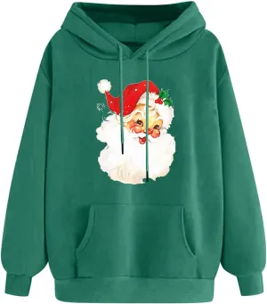 Women Christmas Retro Santa Claus Hooded Sweatshirts Crewneck Long Sleeve Fleece Hoodies Pullover Tops with Pocket