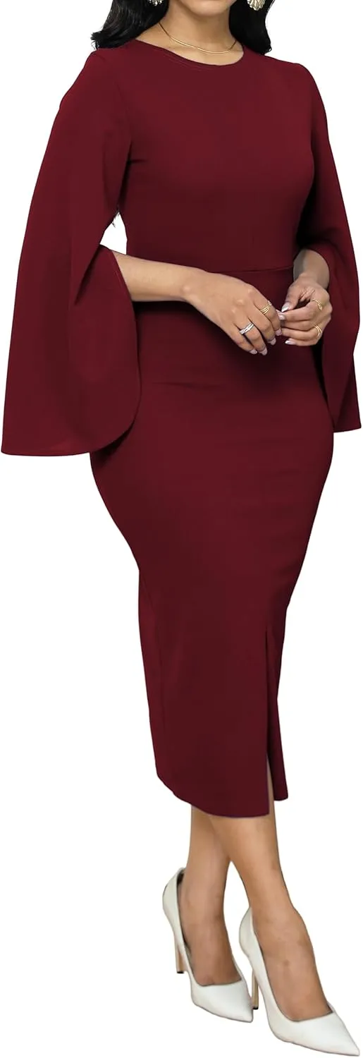 Women Church Dresses Bodycon Work Dress Bell Long Sleeve Round Neck Business Pencil Dresses