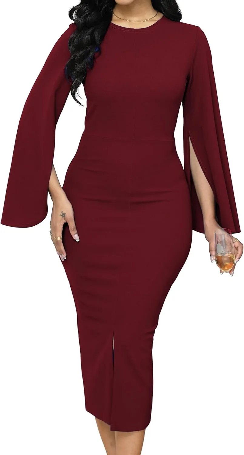 Women Church Dresses Bodycon Work Dress Bell Long Sleeve Round Neck Business Pencil Dresses