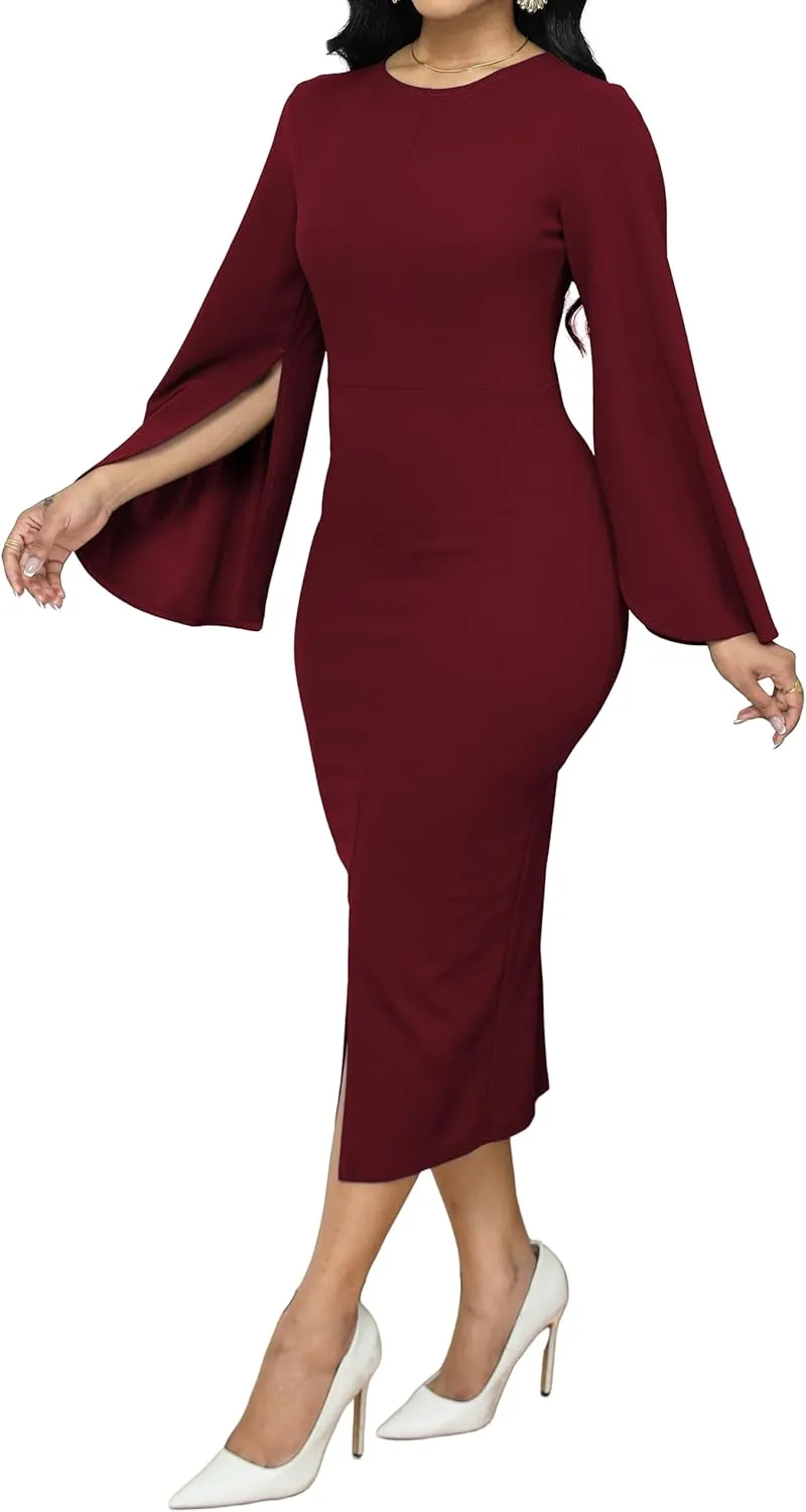 Women Church Dresses Bodycon Work Dress Bell Long Sleeve Round Neck Business Pencil Dresses