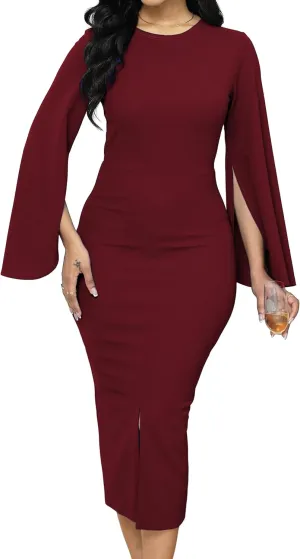 Women Church Dresses Bodycon Work Dress Bell Long Sleeve Round Neck Business Pencil Dresses