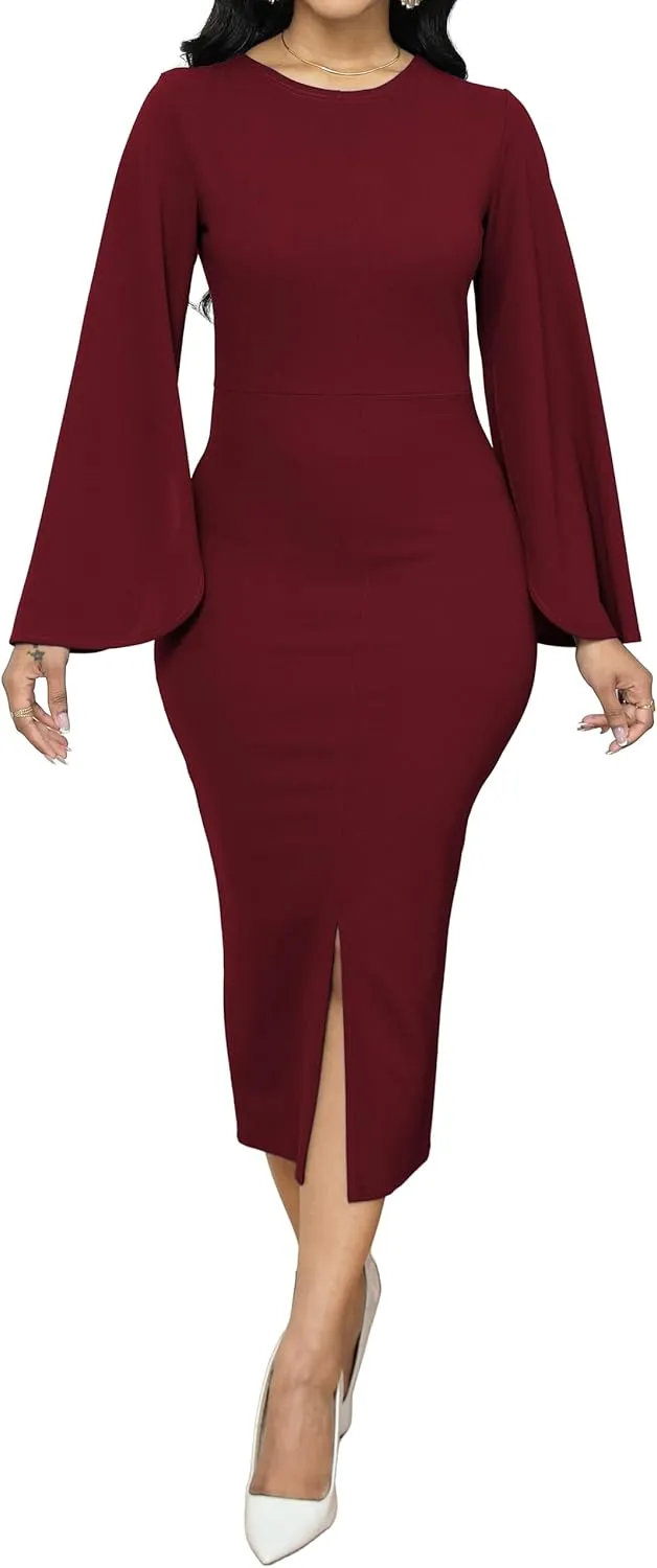 Women Church Dresses Bodycon Work Dress Bell Long Sleeve Round Neck Business Pencil Dresses