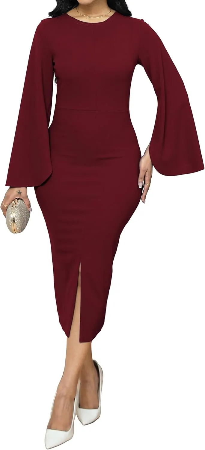Women Church Dresses Bodycon Work Dress Bell Long Sleeve Round Neck Business Pencil Dresses