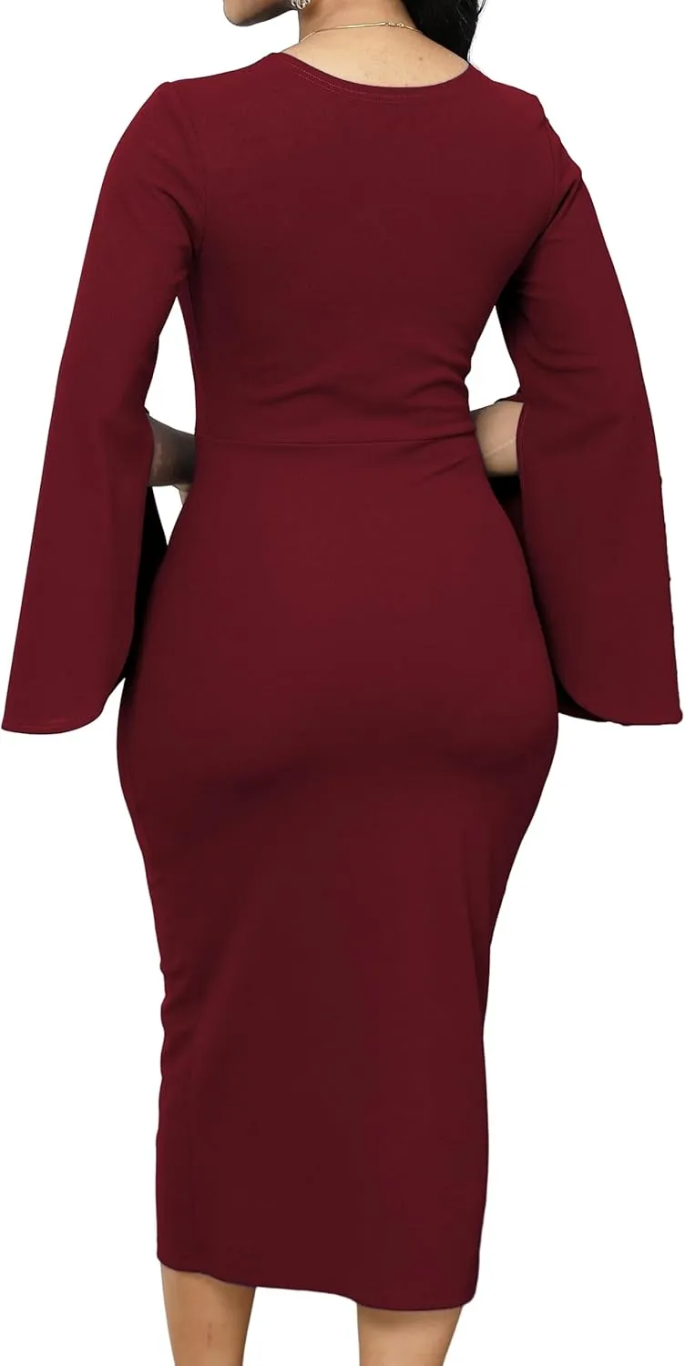 Women Church Dresses Bodycon Work Dress Bell Long Sleeve Round Neck Business Pencil Dresses