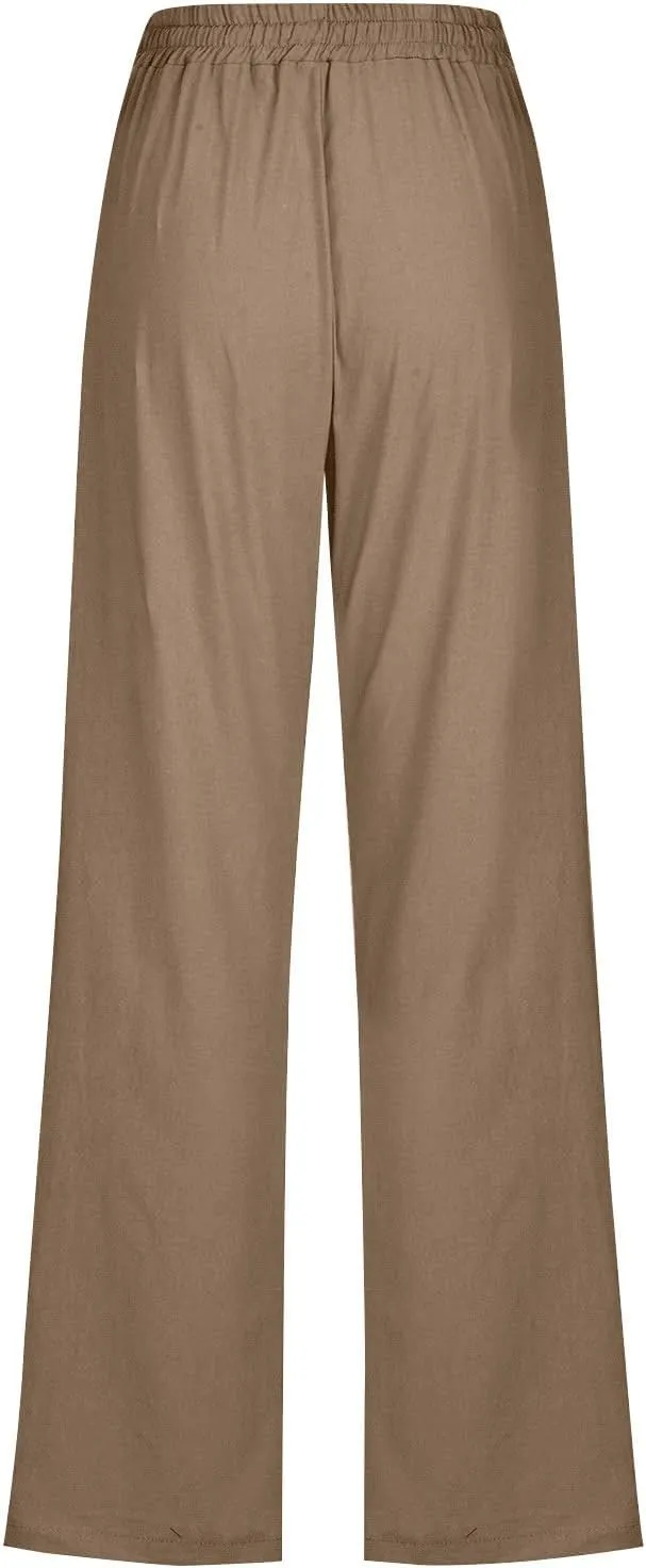 Women Cotton Linen Pants Summer Casual Drawstring Solid Lounge Long Trousers High Waist Straight Leg Comfy Work Pant