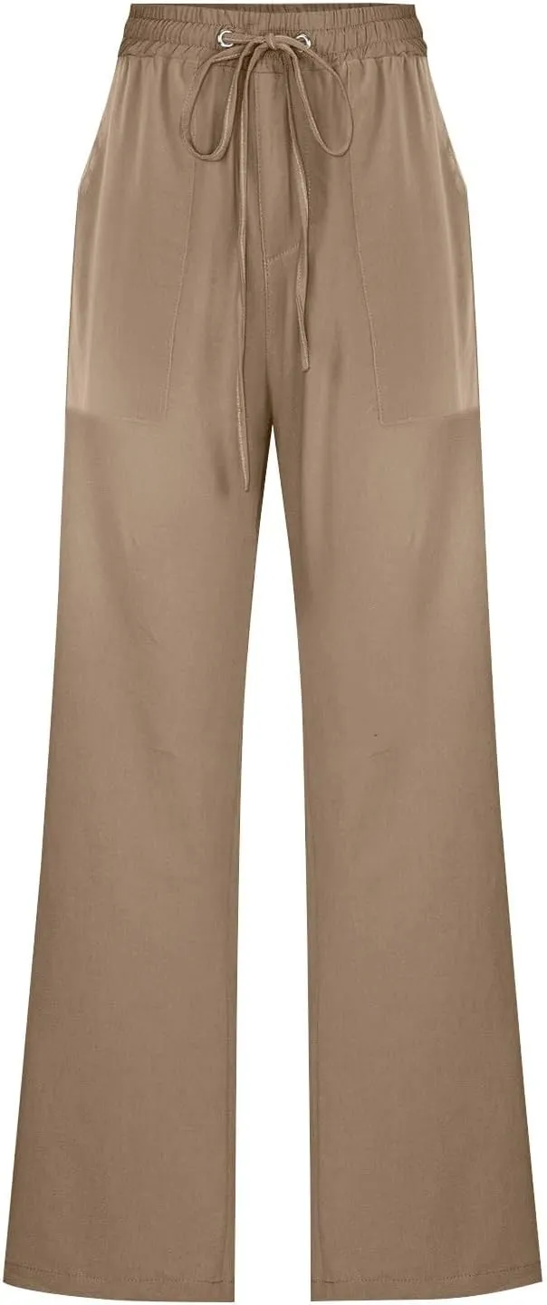 Women Cotton Linen Pants Summer Casual Drawstring Solid Lounge Long Trousers High Waist Straight Leg Comfy Work Pant