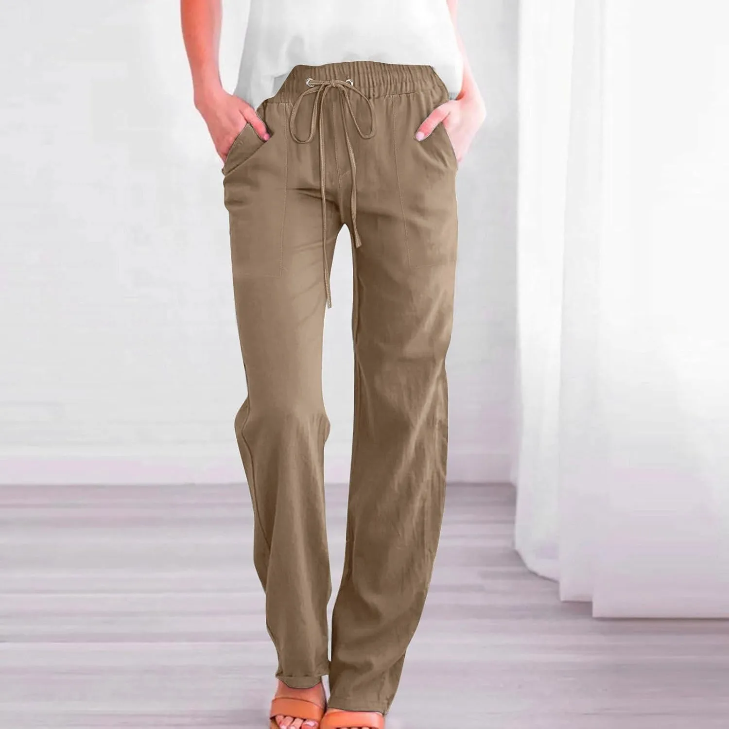 Women Cotton Linen Pants Summer Casual Drawstring Solid Lounge Long Trousers High Waist Straight Leg Comfy Work Pant