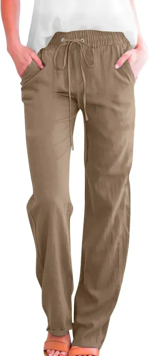 Women Cotton Linen Pants Summer Casual Drawstring Solid Lounge Long Trousers High Waist Straight Leg Comfy Work Pant