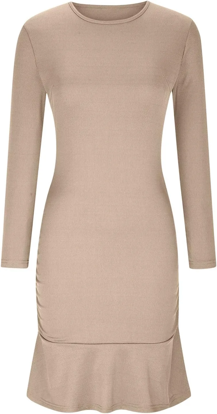 Women Fall Dresses Long Sleeve Ruched Ruffle Mini Dress Casual Knitted Sweater Dress 2024 Trendy Clothing