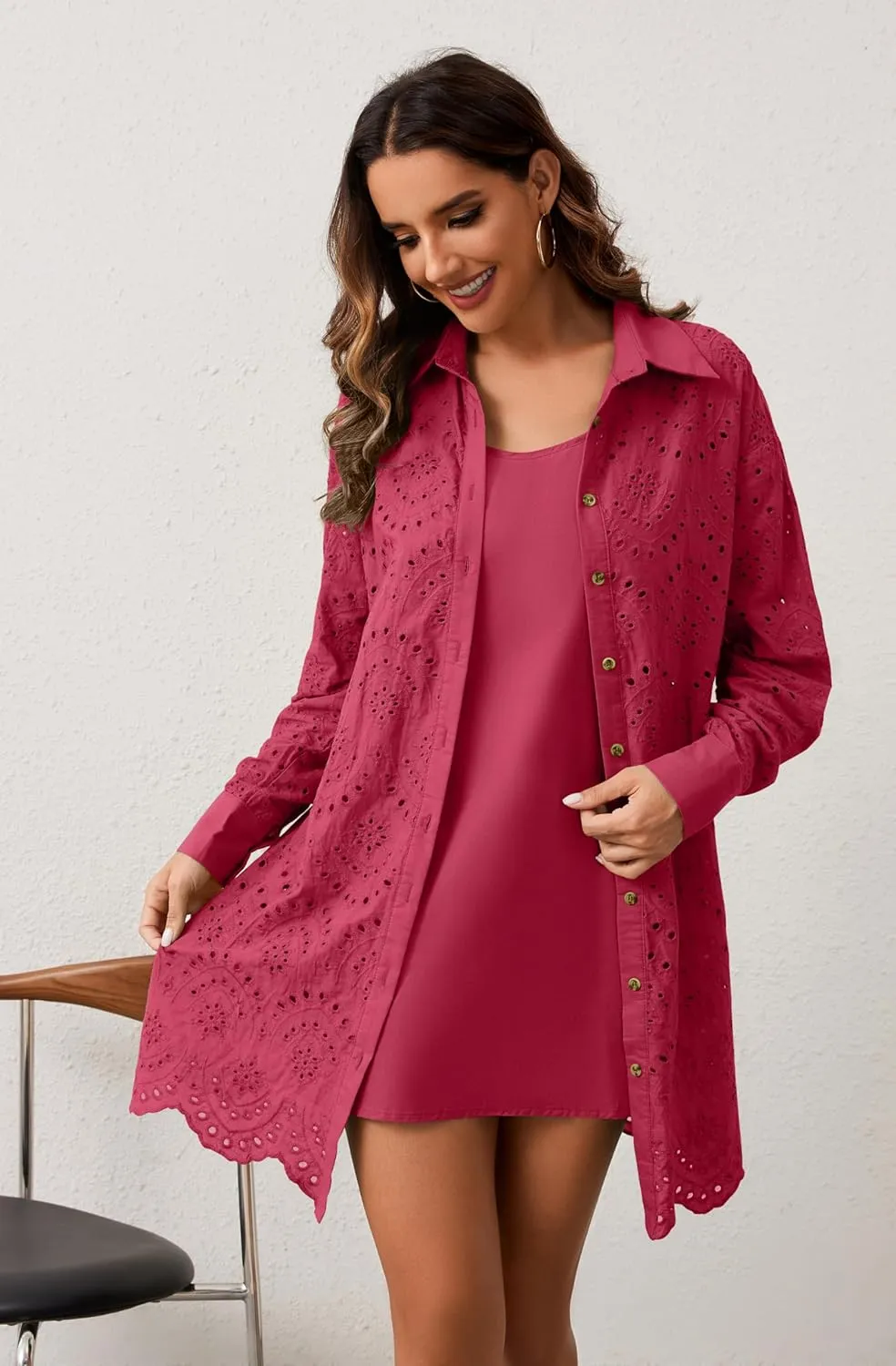 Women Hollow Out Eyelet Button Down Lapel V Neck Long Sleeve Ruffle Flowy Solid Oversized Loose Mini Shirt Dress