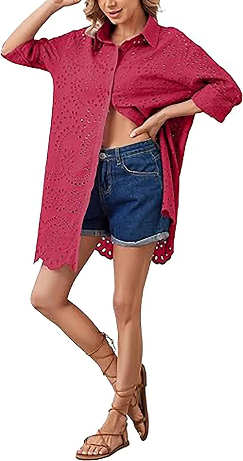 Women Hollow Out Eyelet Button Down Lapel V Neck Long Sleeve Ruffle Flowy Solid Oversized Loose Mini Shirt Dress