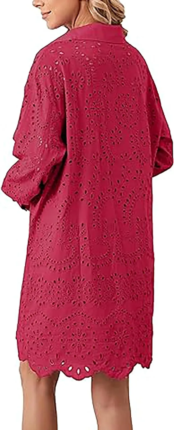 Women Hollow Out Eyelet Button Down Lapel V Neck Long Sleeve Ruffle Flowy Solid Oversized Loose Mini Shirt Dress