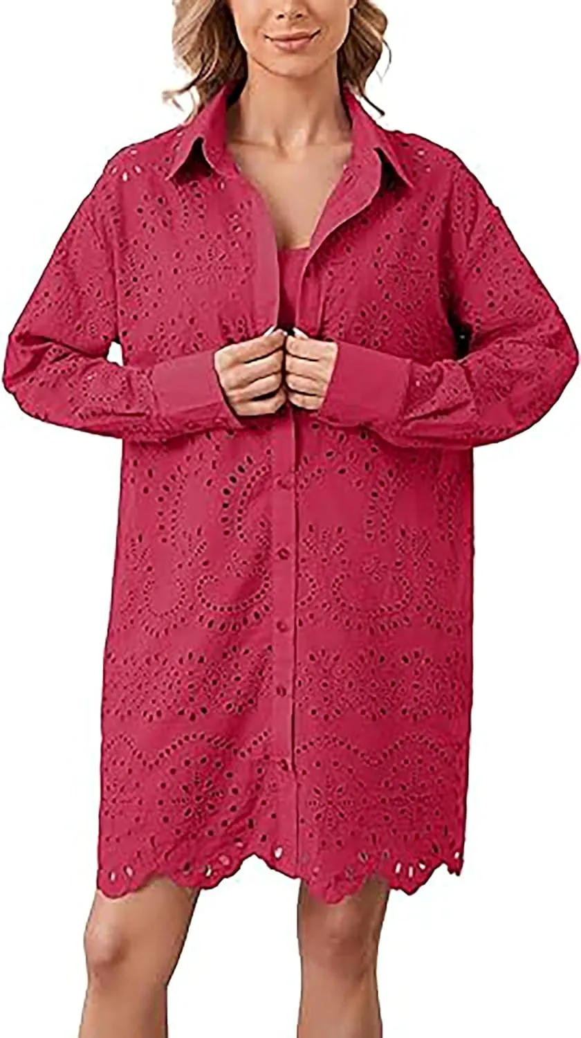 Women Hollow Out Eyelet Button Down Lapel V Neck Long Sleeve Ruffle Flowy Solid Oversized Loose Mini Shirt Dress