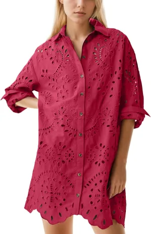 Women Hollow Out Eyelet Button Down Lapel V Neck Long Sleeve Ruffle Flowy Solid Oversized Loose Mini Shirt Dress