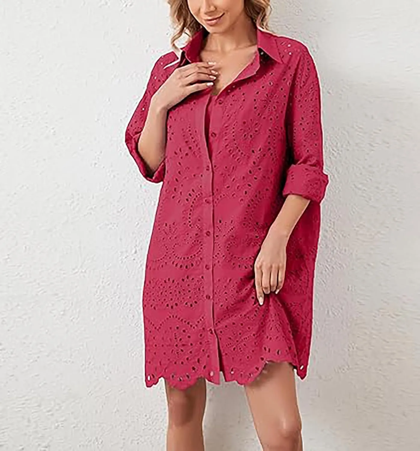 Women Hollow Out Eyelet Button Down Lapel V Neck Long Sleeve Ruffle Flowy Solid Oversized Loose Mini Shirt Dress