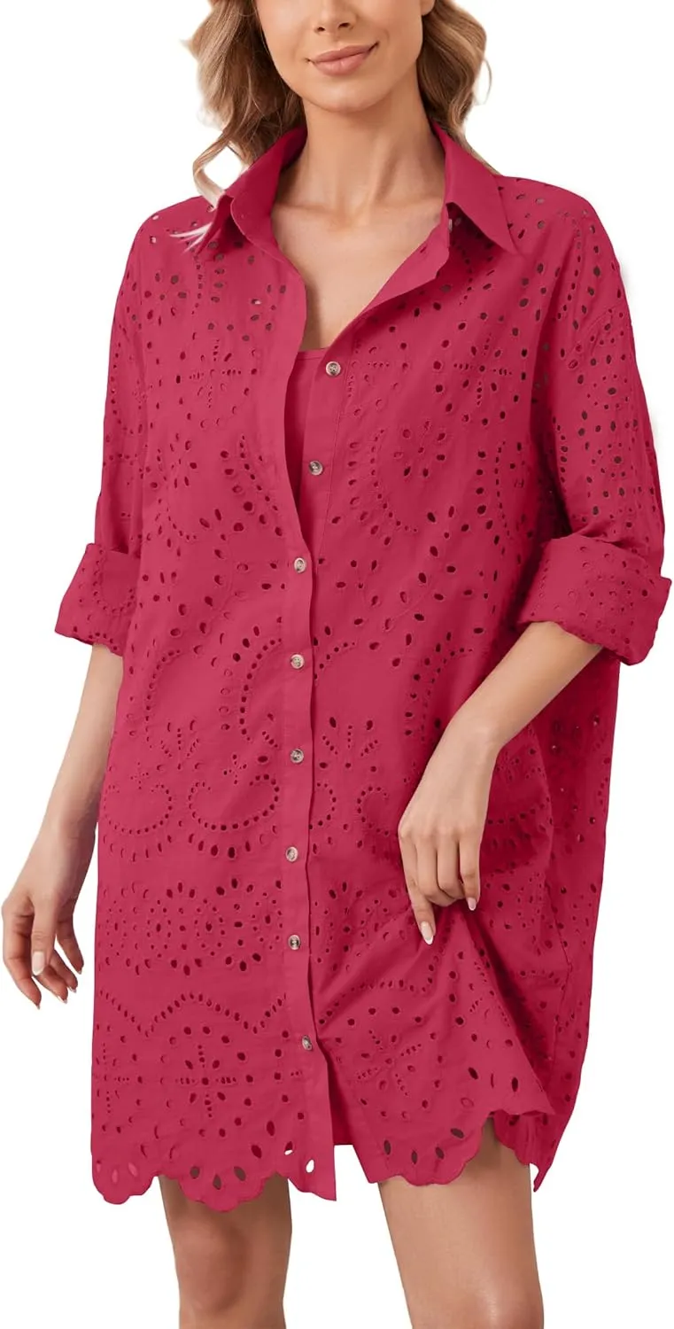 Women Hollow Out Eyelet Button Down Lapel V Neck Long Sleeve Ruffle Flowy Solid Oversized Loose Mini Shirt Dress