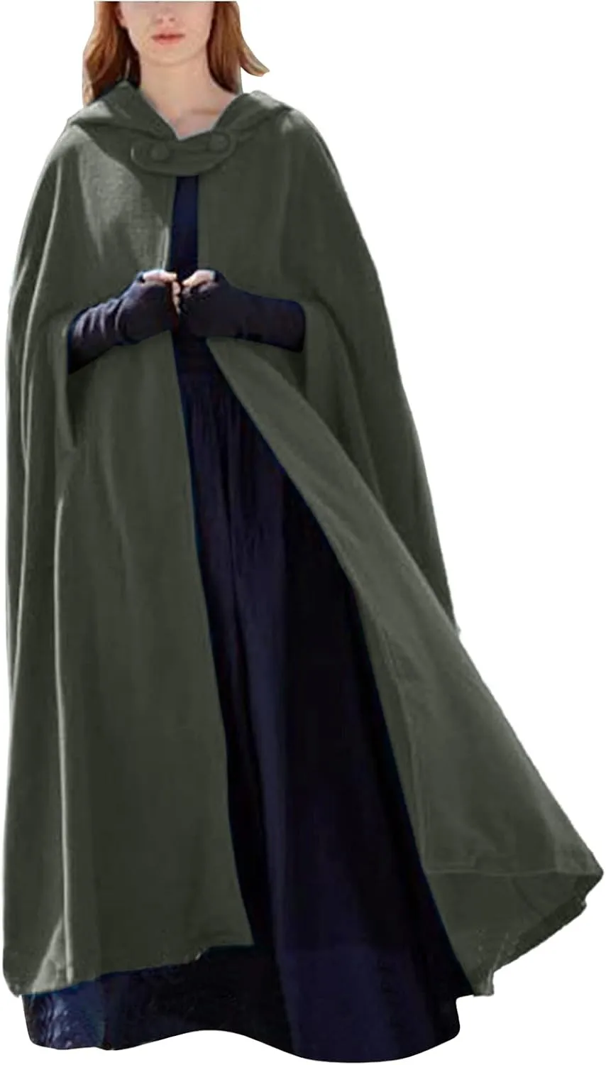 Women Hooded Long Cape Cardigans Winter Casual Vintage Overcoat Fashion Button Female Cloak Wool Coat (Green-1, XL)