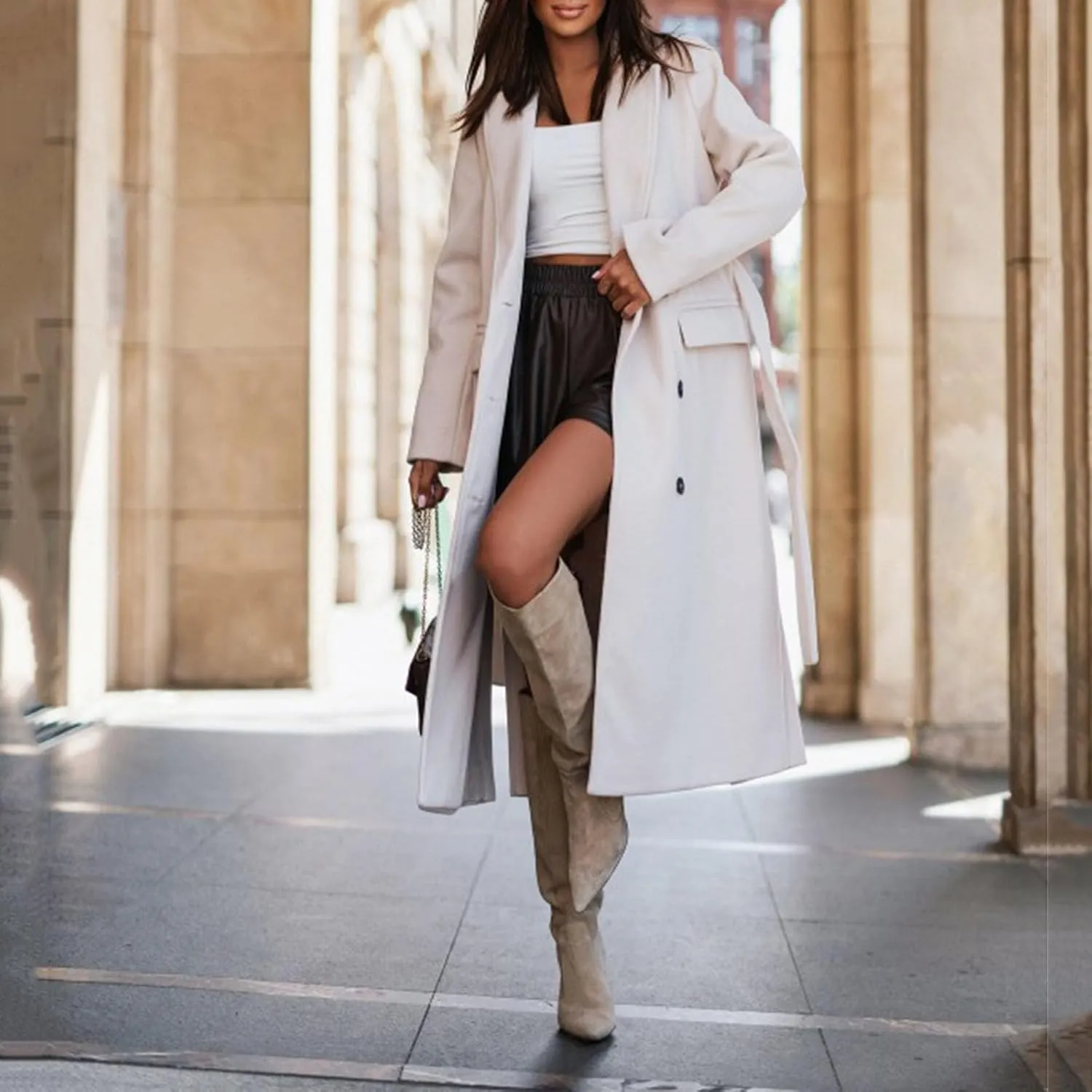 Women Slim Fit Long Overcoat Windbreaker Trench Coat Casual Lapel Open Front Cardigan Long Outwear Winter Warm Jacket