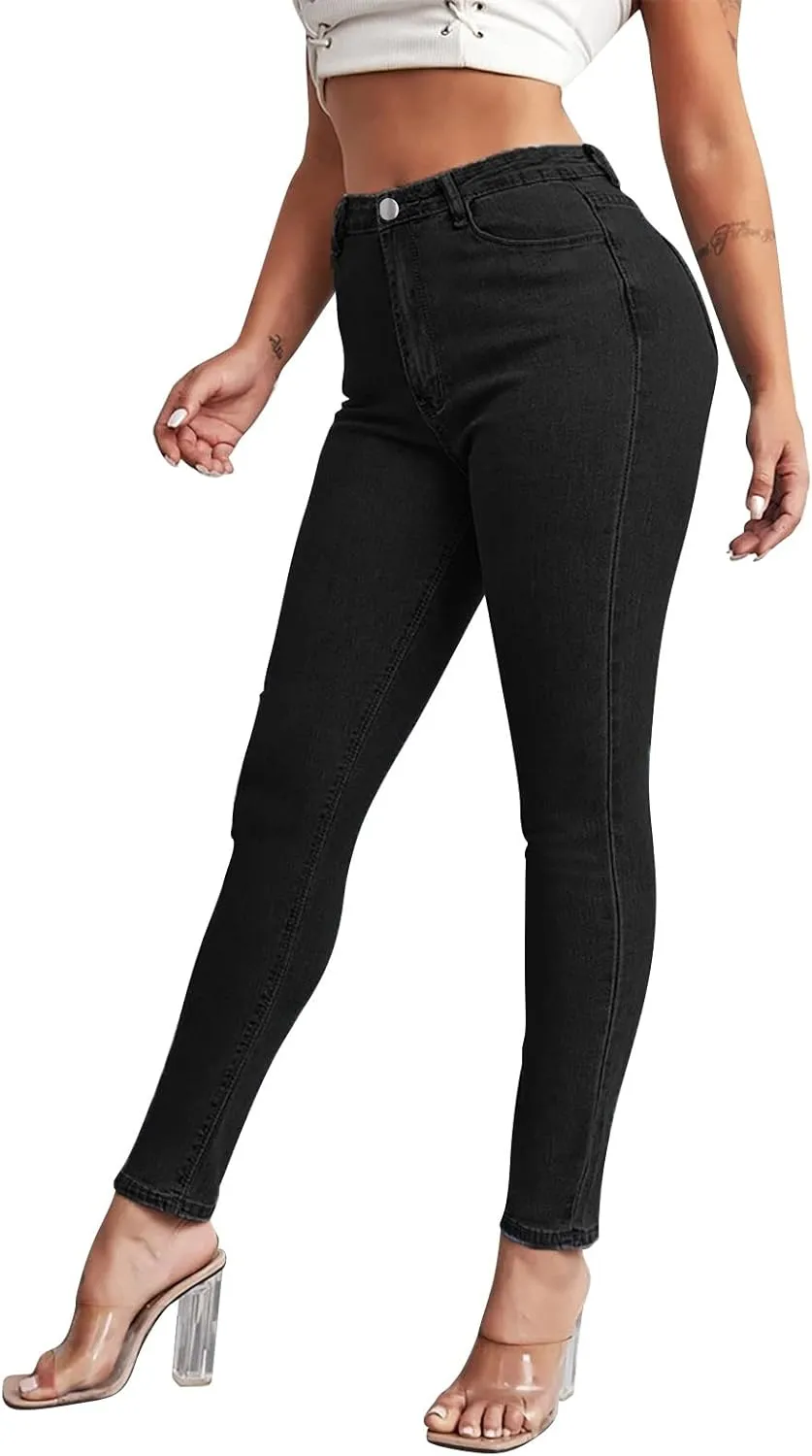 Women Slim High Waist Pencil Pants Button Sexy Skinny Jeans Pants with Pockets Trendy Comfy Stretchy Denim Trousers