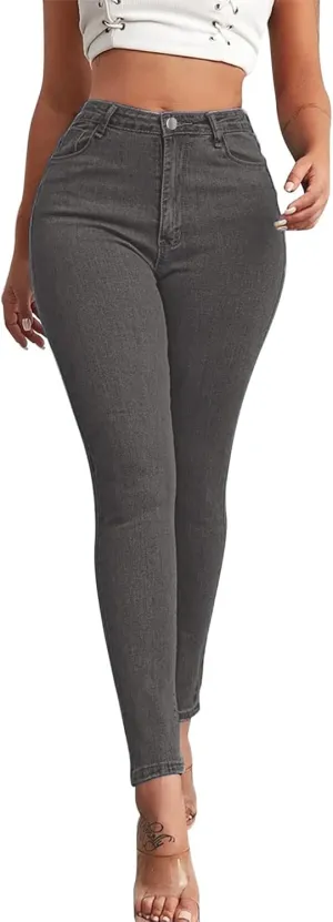 Women Slim High Waist Pencil Pants Button Sexy Skinny Jeans Pants with Pockets Trendy Comfy Stretchy Denim Trousers