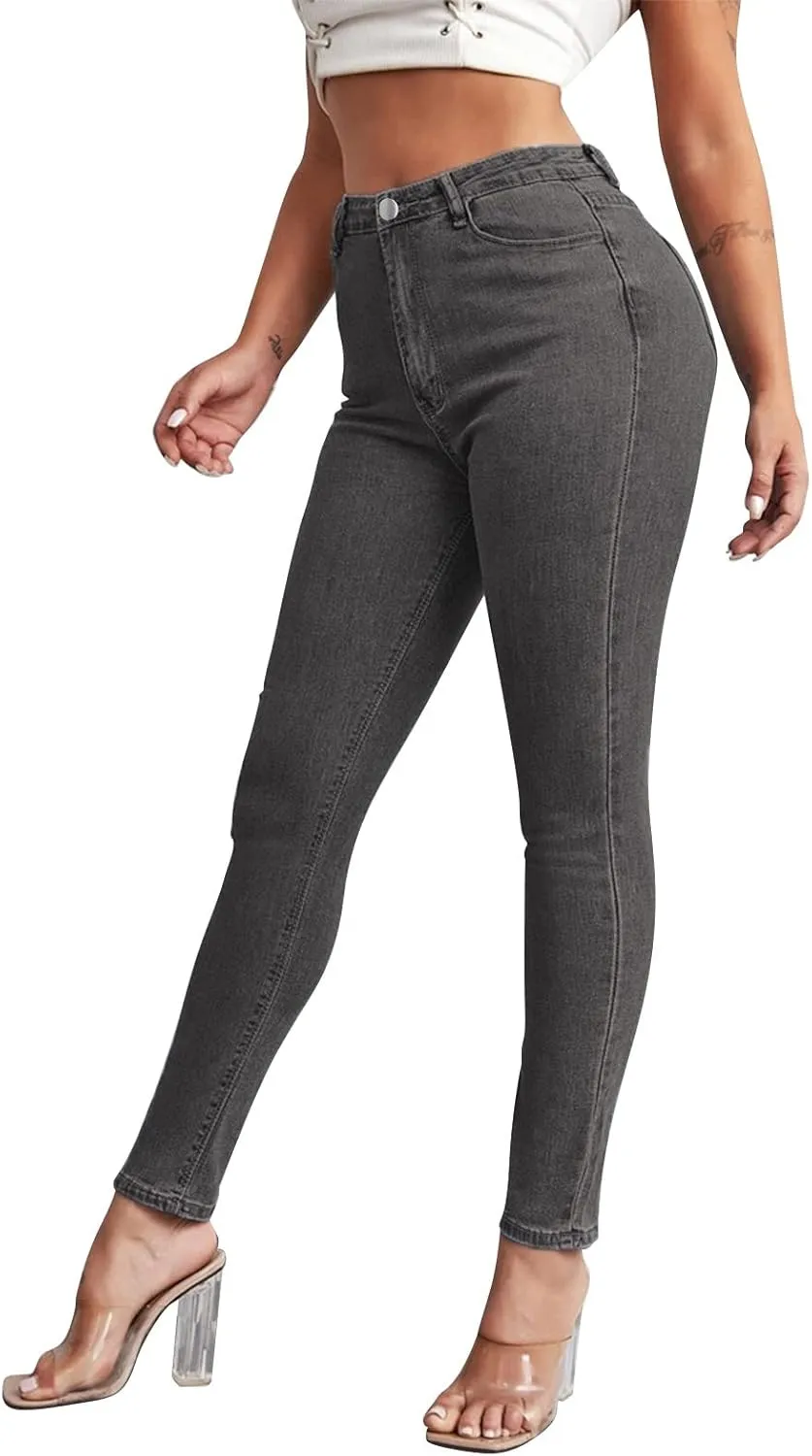 Women Slim High Waist Pencil Pants Button Sexy Skinny Jeans Pants with Pockets Trendy Comfy Stretchy Denim Trousers